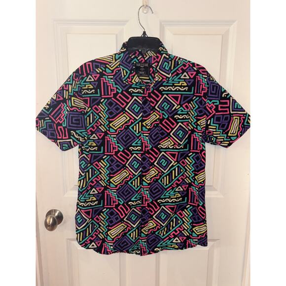 Massive Other - NWOT Geometric 80's Neon Multicolor Button Down Short Sleeve Size M